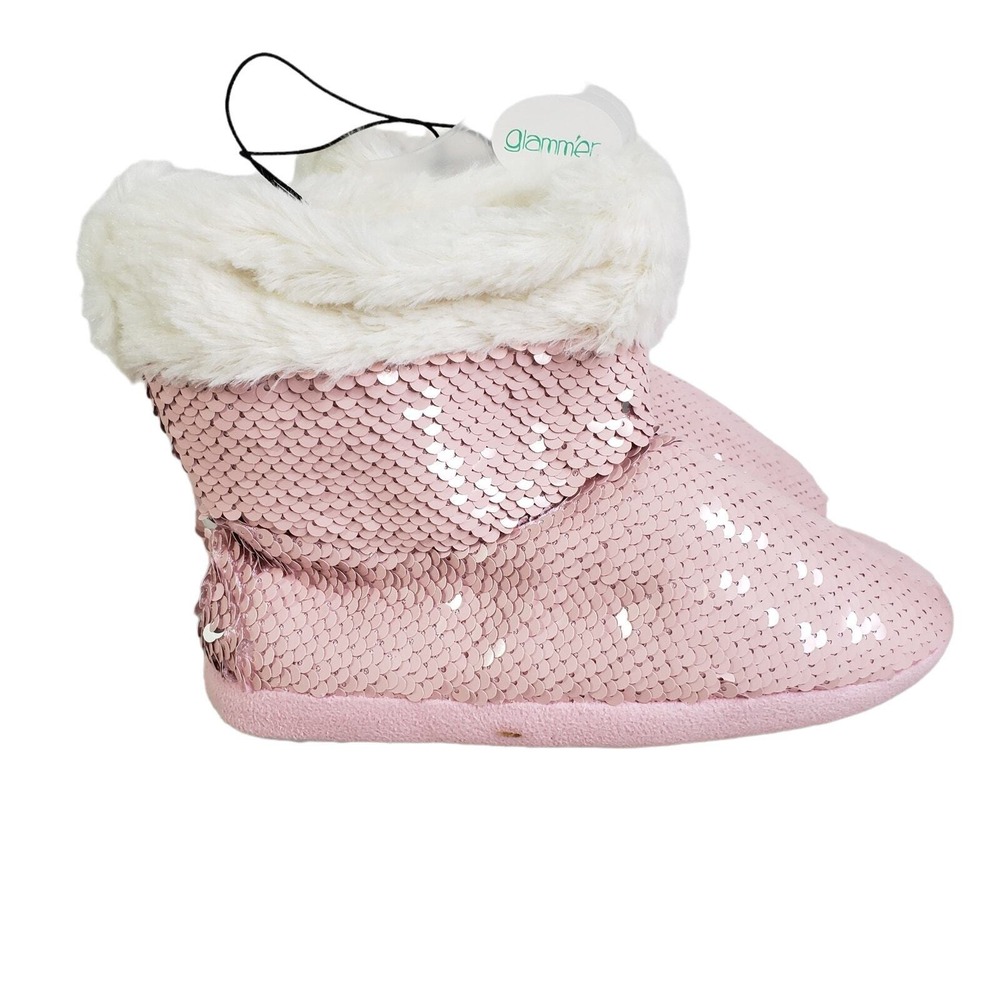 Glammer Kids Pink Reversible Sequin Boot Slippers‎ L 1/2 Cozy Plush